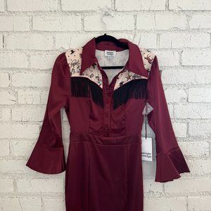 NWT Unique Vintage Western Yoke Fringe Burgundy Satin Wiggle Dress